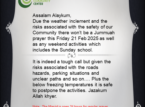 NO Jummuah Prayer 21 Feb 2025